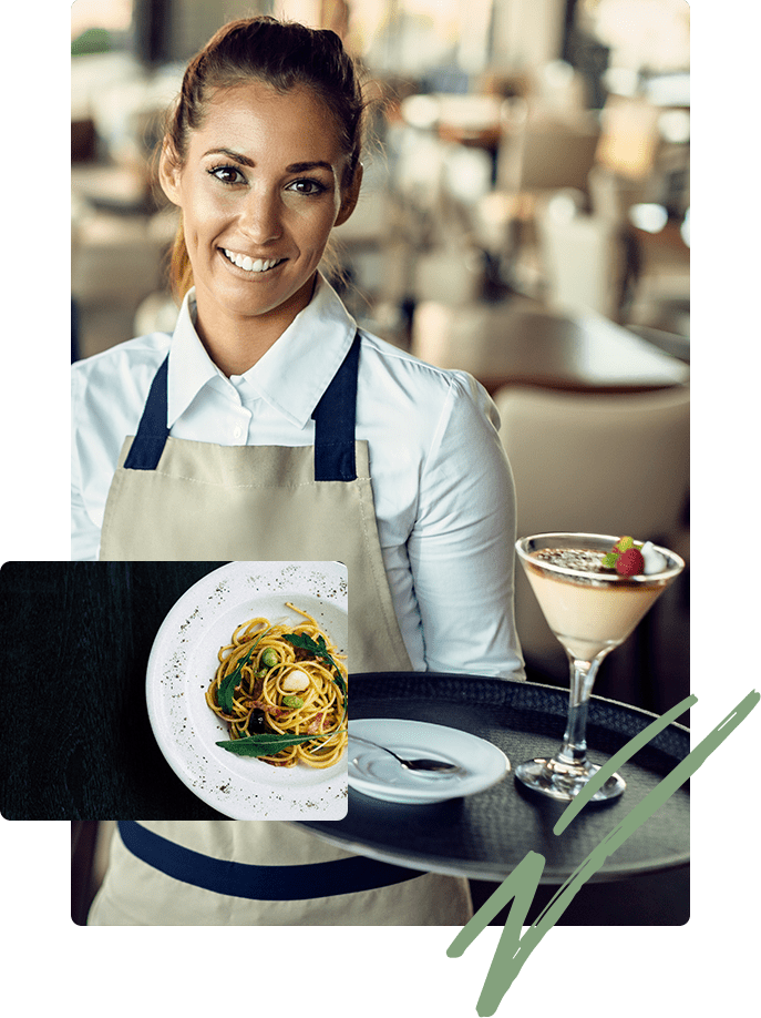 A young waitress serving a elegant cocktail and pasta